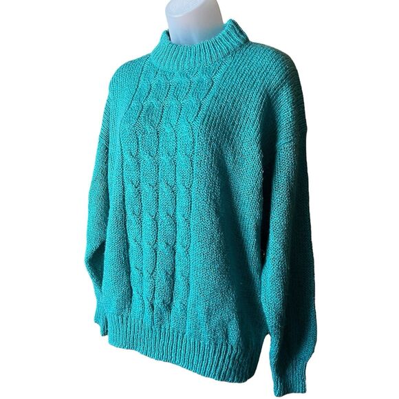 Vtg 80s Bristol Court Green Mock Neck Cableknit Grandma Sweater Sz M Chunky Knit - Picture 3 of 9